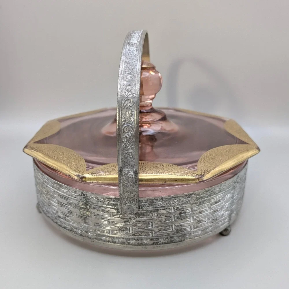Vintage 1930s Art Deco Pink Depression Glass Divided Dish Gold Trim Metal Basket